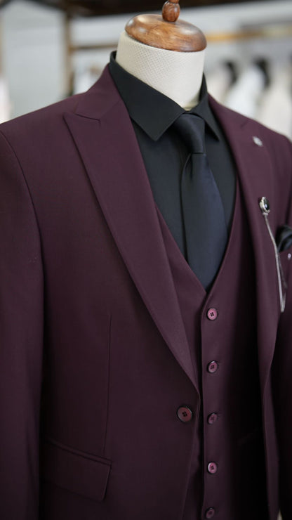 Paul Burgundy Slim Fit 3 Piece Peak Lapel Suit