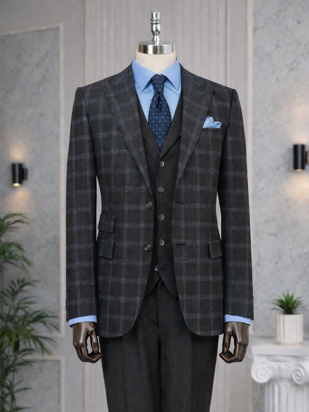 Dark Navy Plaid Slim-Fit Suit 3-Piece - BRABION