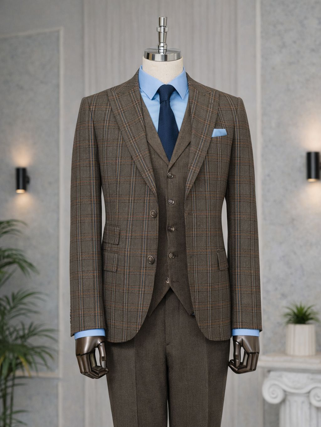 Brown Plaid Slim-Fit Suit 3-Piece - BRABION