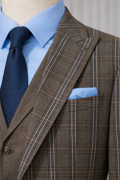 Brown Plaid Slim-Fit Suit 3-Piece - BRABION