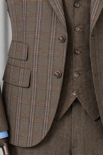 Brown Plaid Slim-Fit Suit 3-Piece - BRABION