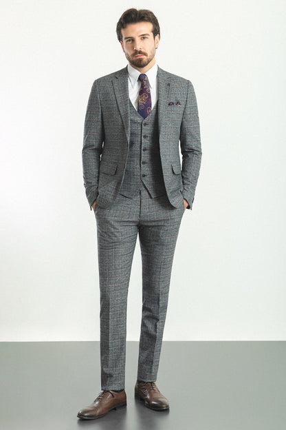 Brabion Marco Dark Gray Slim Fit Notch Lapel Plaid Check 3 Piece Suit