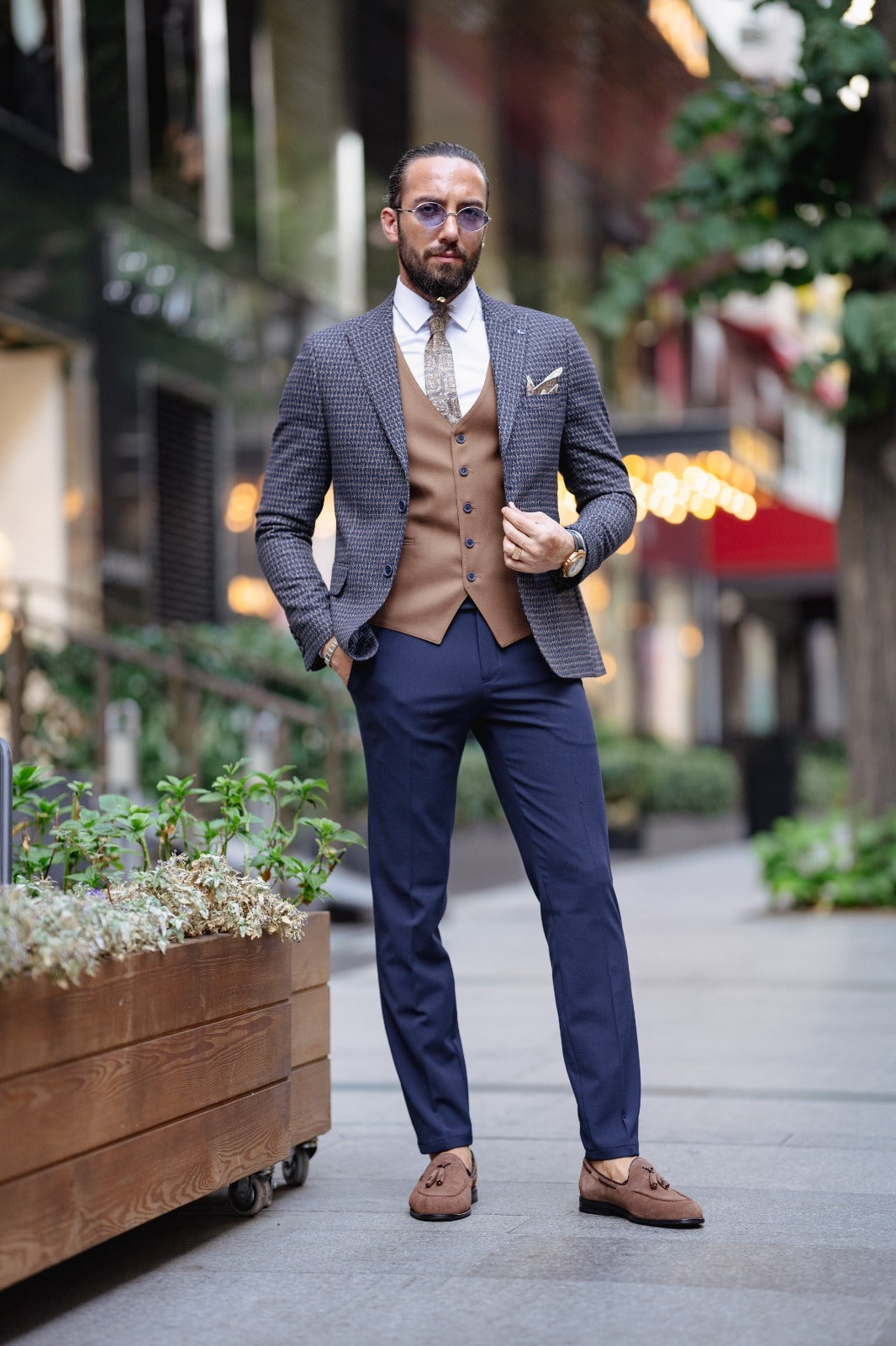 Paris Navy Blue Slim Fit Peak Lapel 3 Piece Combined Suit