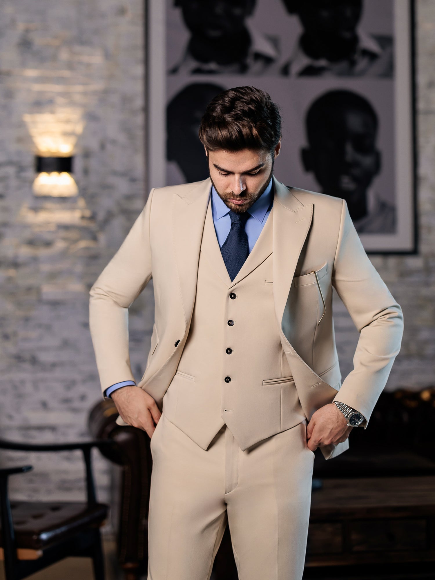 Beige Slim-Fit Suit 3-Piece VIOSSI