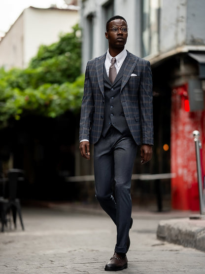 Navy Plaid Slim-Fit Suit 3-Piece VIOSSI