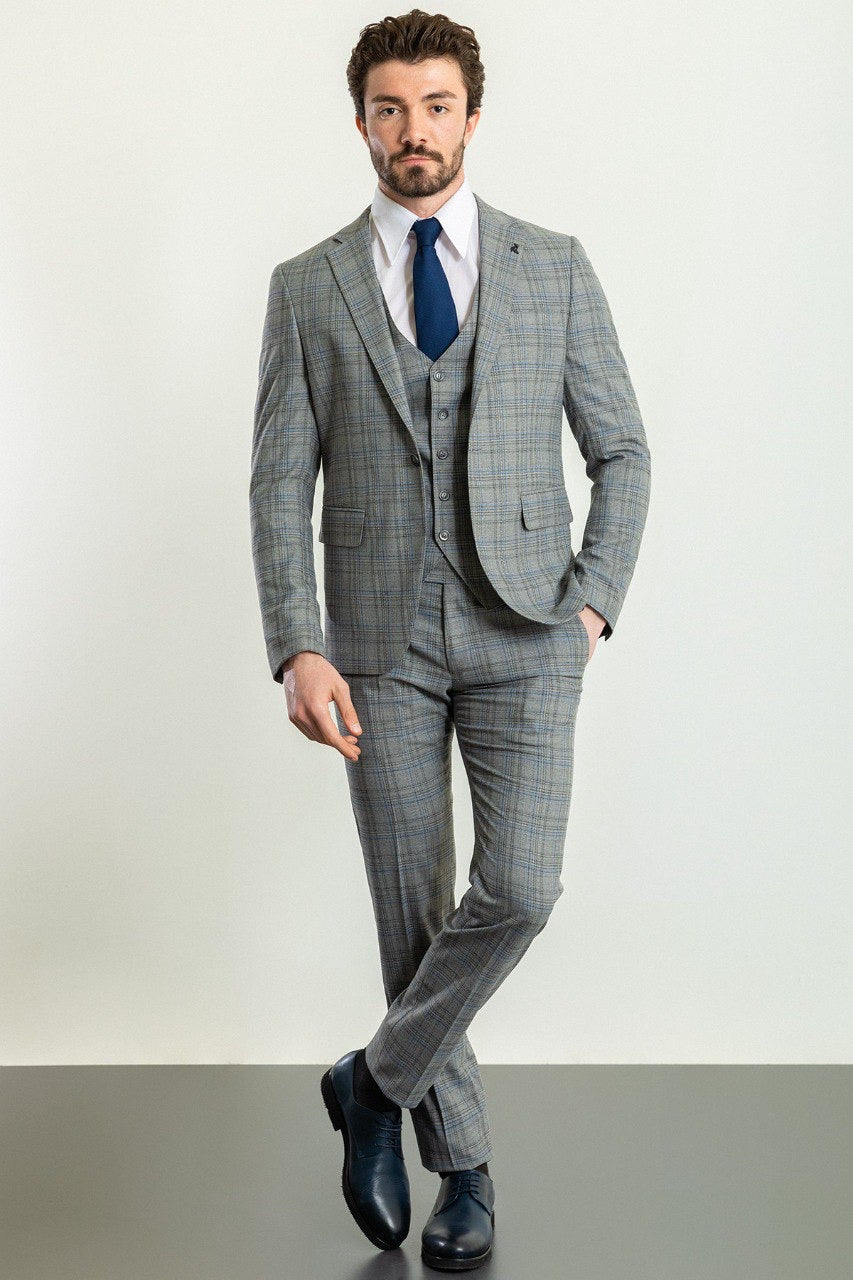 Brabion Elio Gray Blue Slim Fit Notch Lapel 3 Piece Plaid Suit