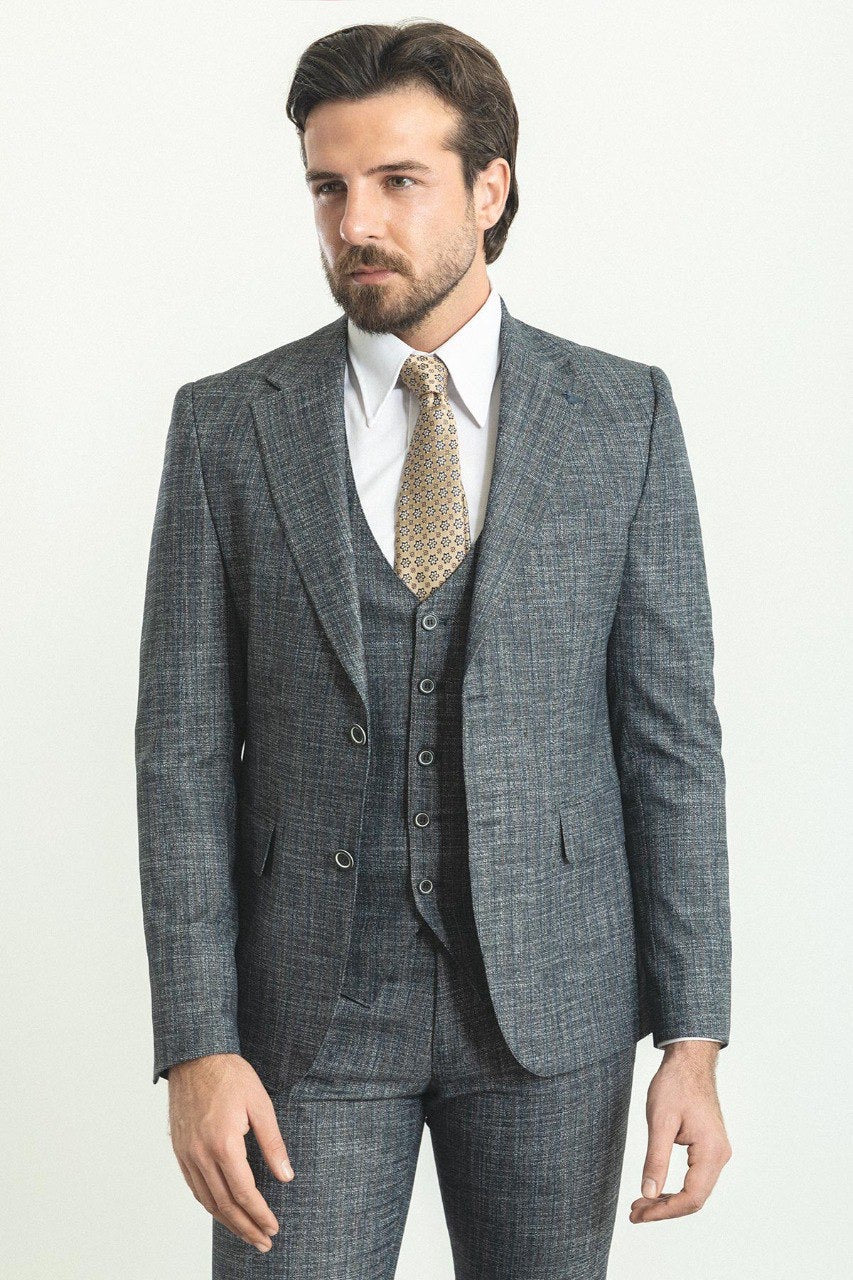 Brabion Rocco Gray Slim Fit Notch Lapel 3 Piece Crosshatch Suit