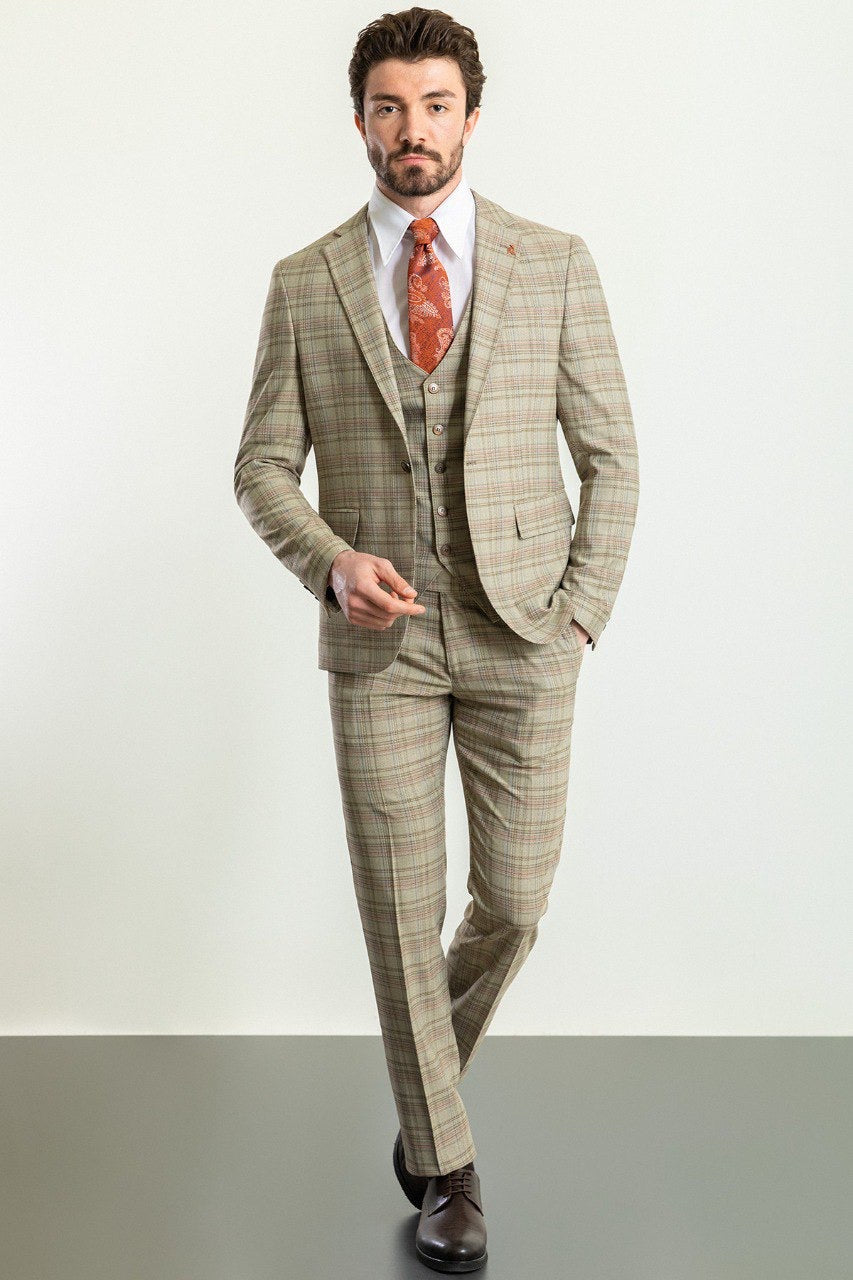 Brabion Elio Camel Orange Slim Fit Notch Lapel 3 Piece Plaid Suit