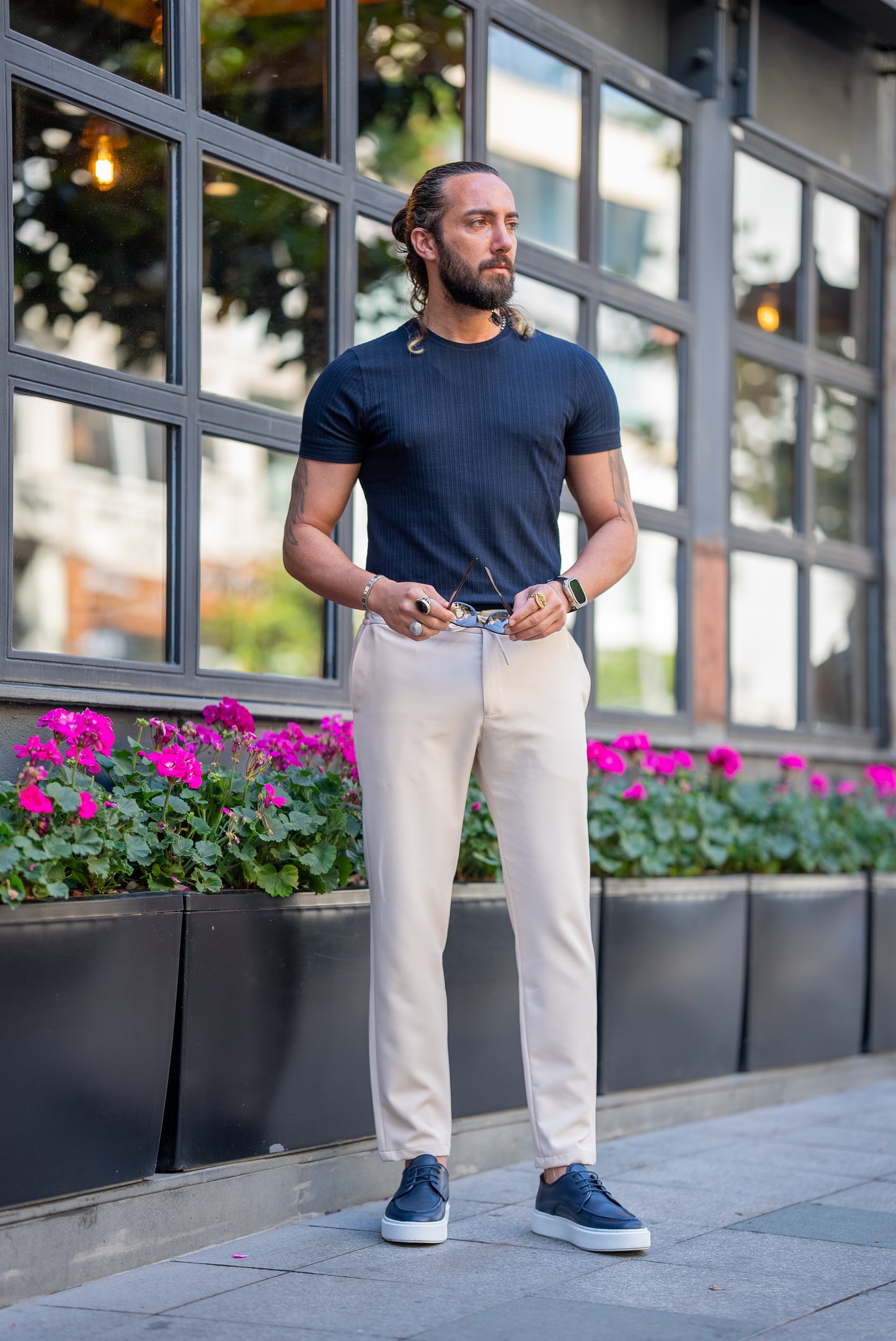 Brabion Alonso Navy Blue Slim Fit Crew Neck Striped T-Shirt