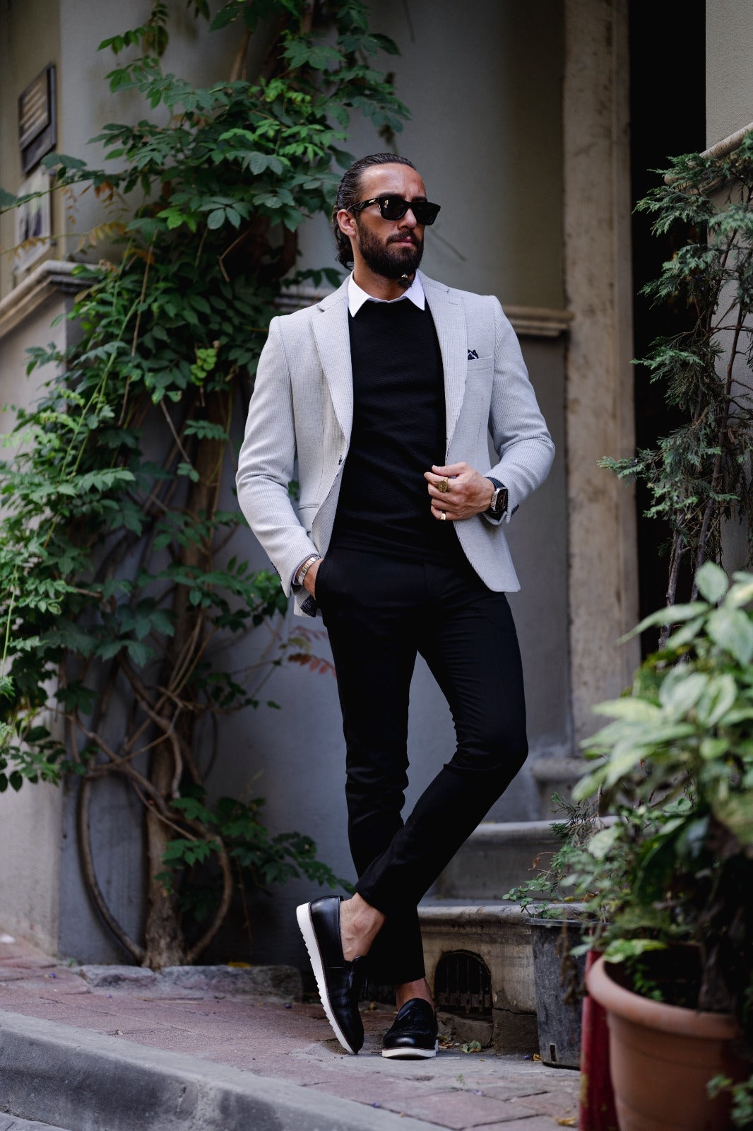 Paris Gray Slim Fit Striped Linen Blazer