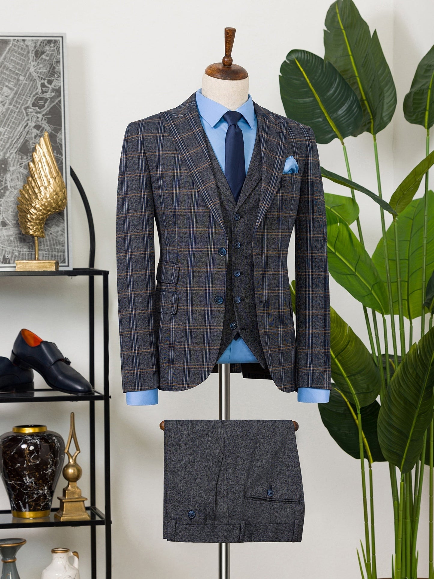 Navy Plaid Slim-Fit Suit 3-Piece VIOSSI