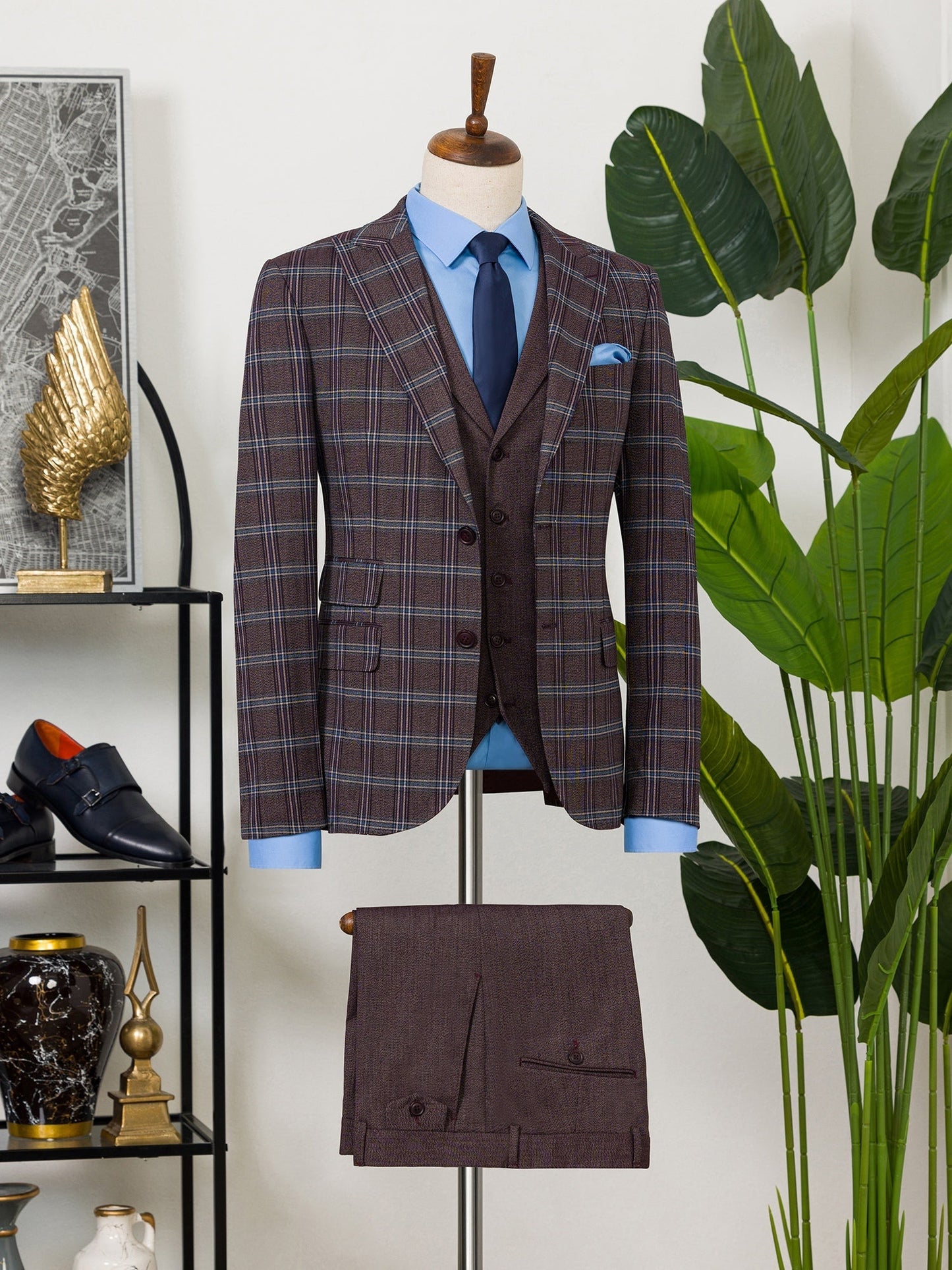 Bordeaux Plaid Slim-Fit Suit 3-Piece VIOSSI