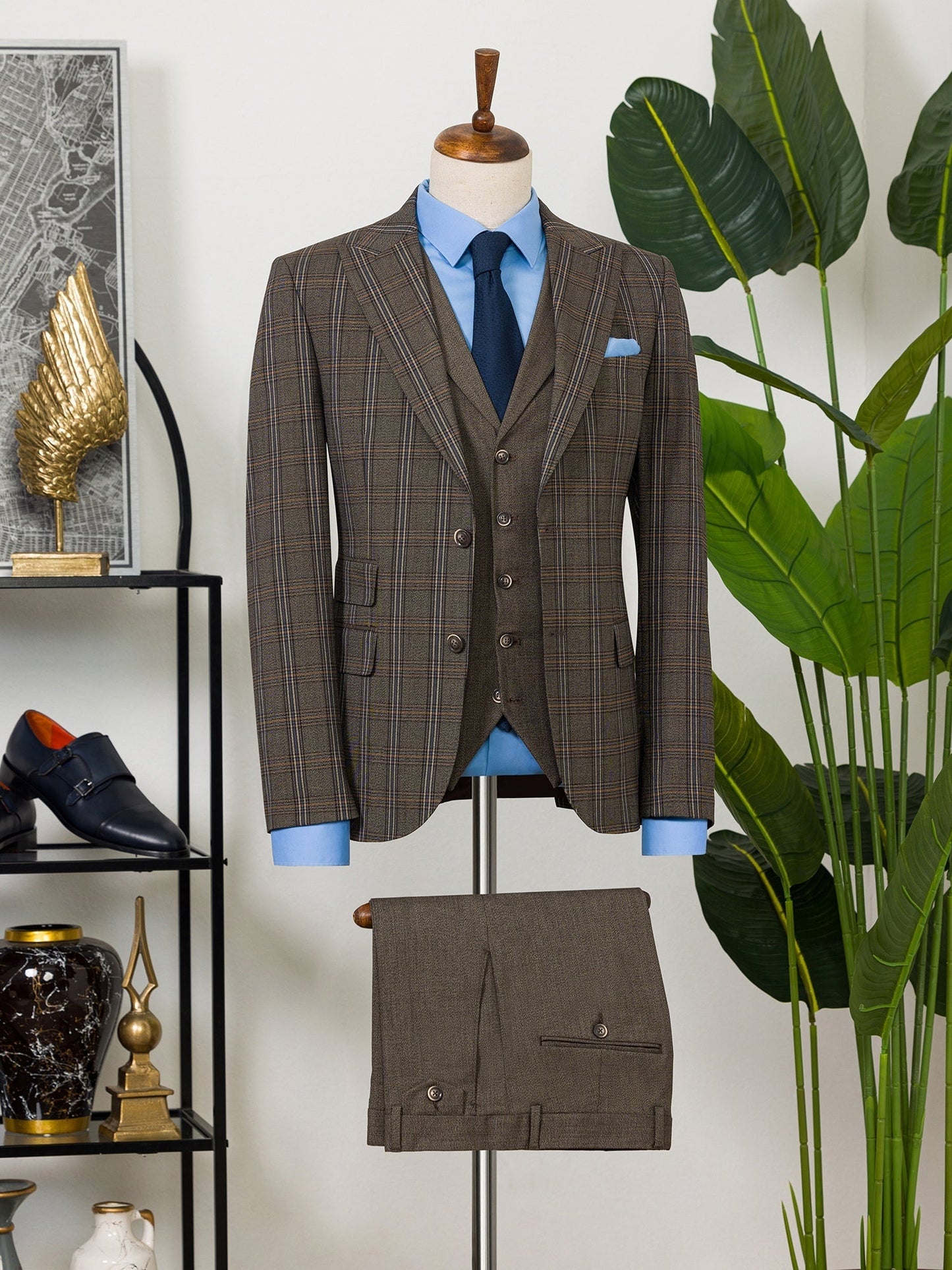Brown Plaid Slim-Fit Suit 3-Piece VIOSSI