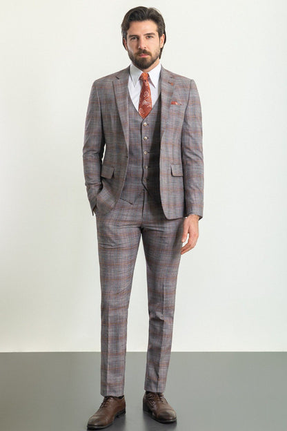 Brabion Rocco Orange Slim Fit Notch Lapel 3 Piece Crosshatch Plaid Suit