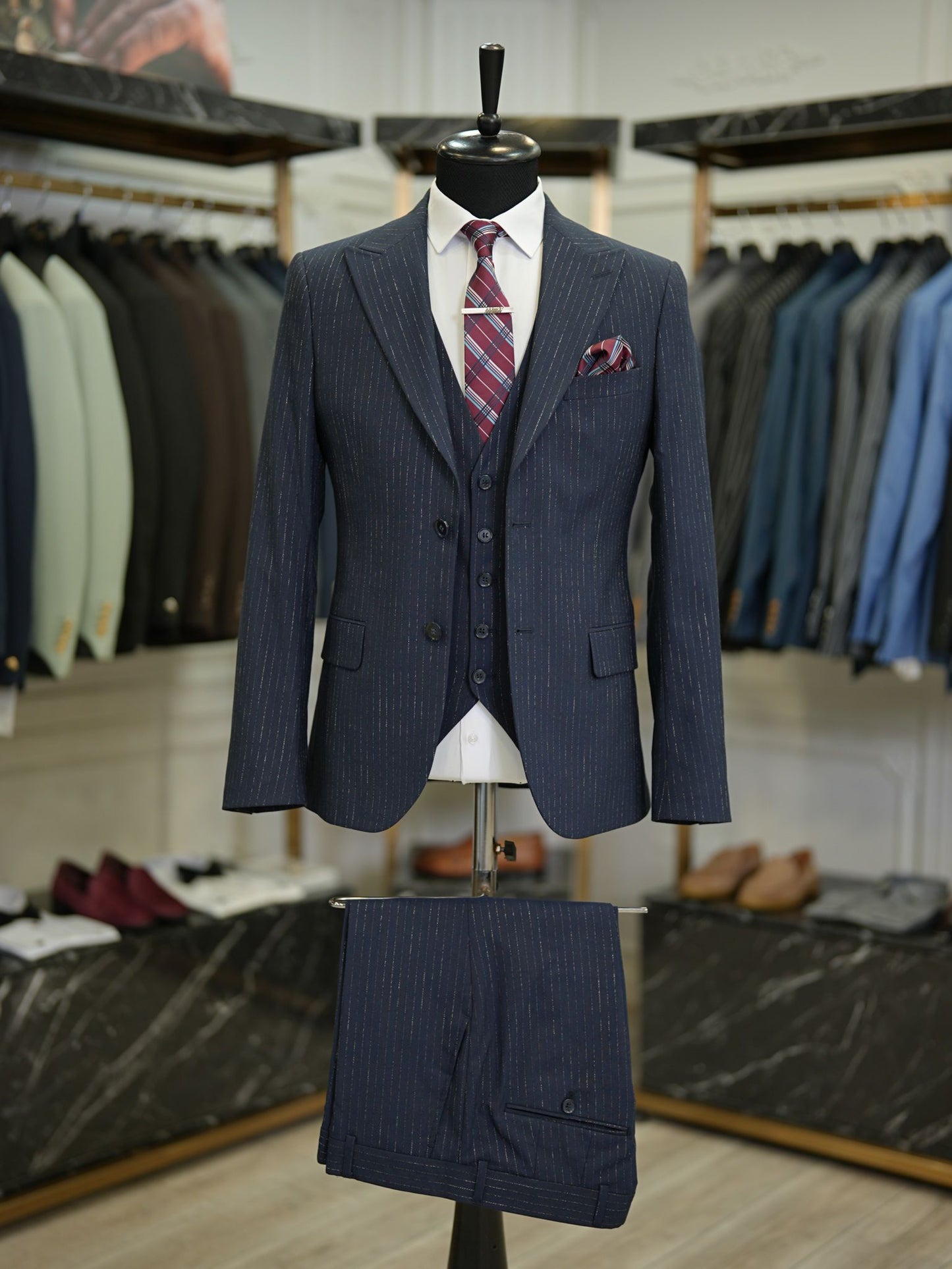 Brabion Maison Dark Blue Slim Fit Striped Suit: Elevate Your Wardrobe