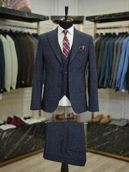 Brabion Maison Dark Blue Slim Fit Striped Suit