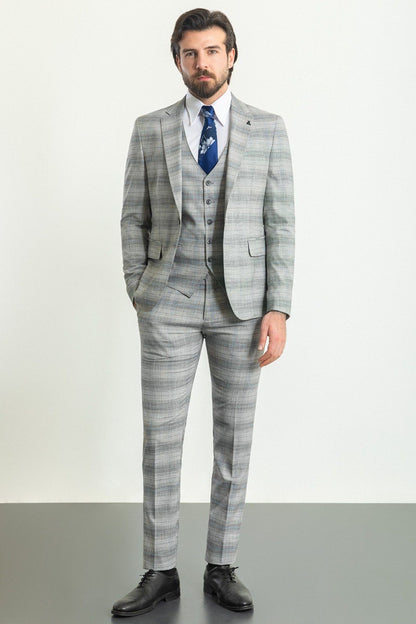 Brabion Rocco Gray Blue Slim Fit Notch Lapel 3 Piece Crosshatch Plaid Suit