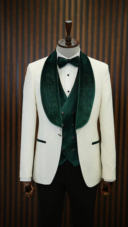 Fiore White Green Slim Fit Velvet Shawl Lapel Tuxedo