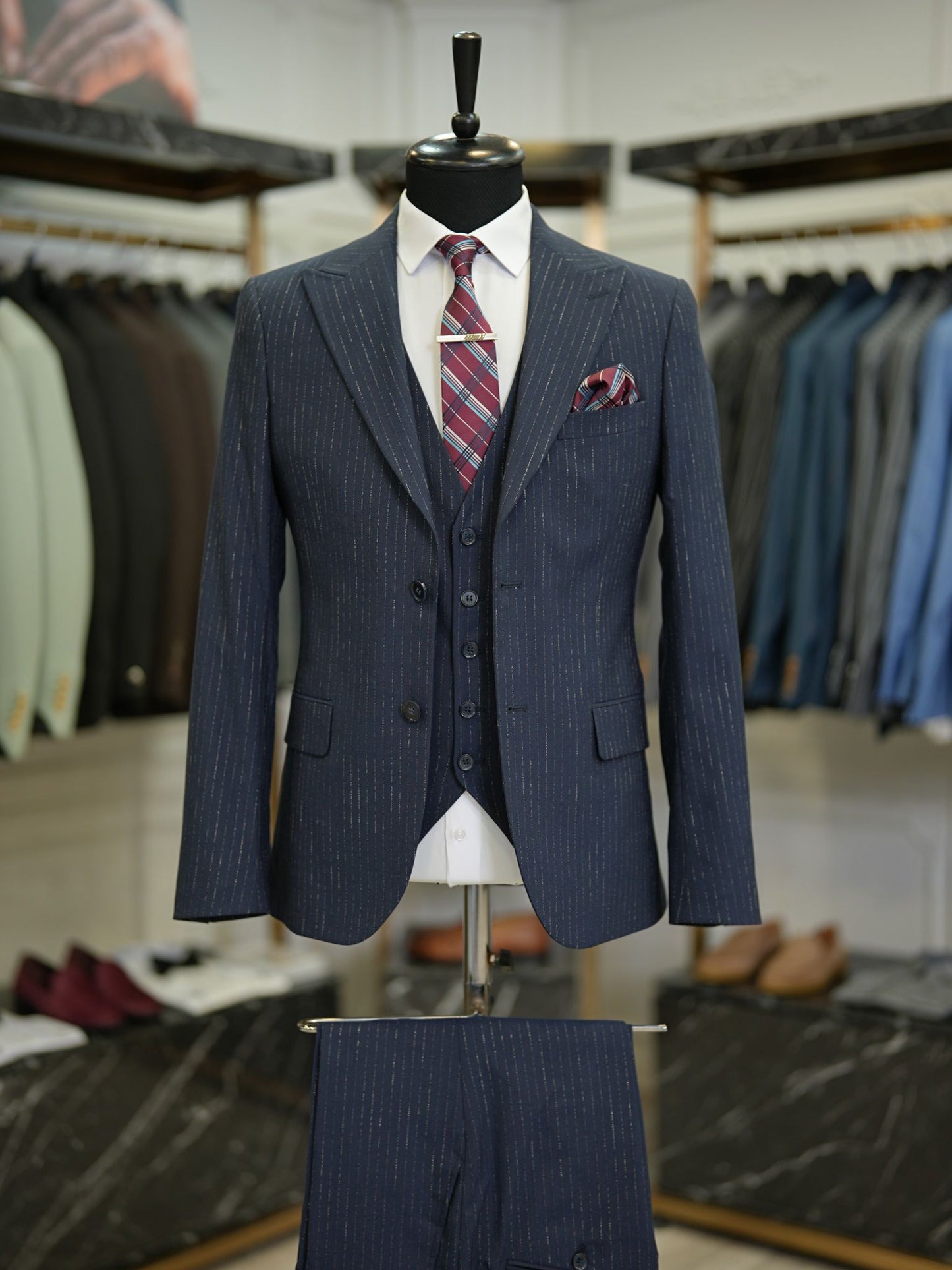 Brabion Maison Dark Blue Slim Fit Striped Suit: Elevate Your Wardrobe