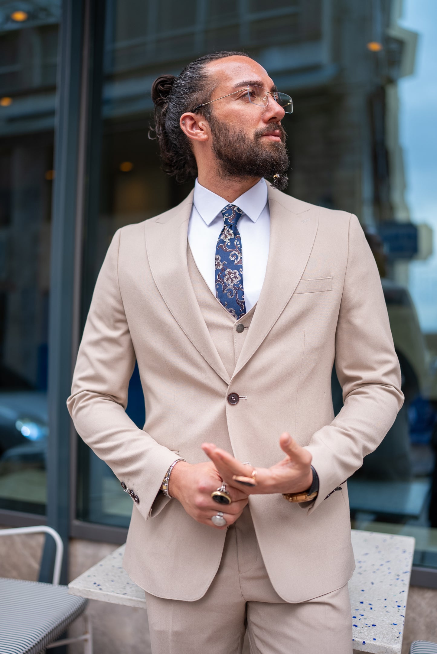 Brabion Perry Beige Slim Fit Peak Lapel 3 Piece Suit