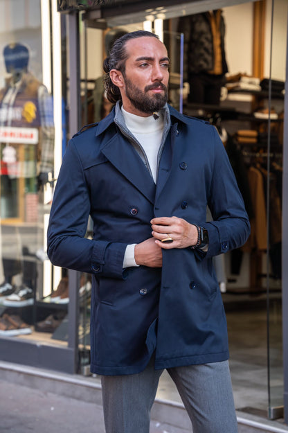 Brabion Navy Blue Slim Fit Double Breasted Long Coat