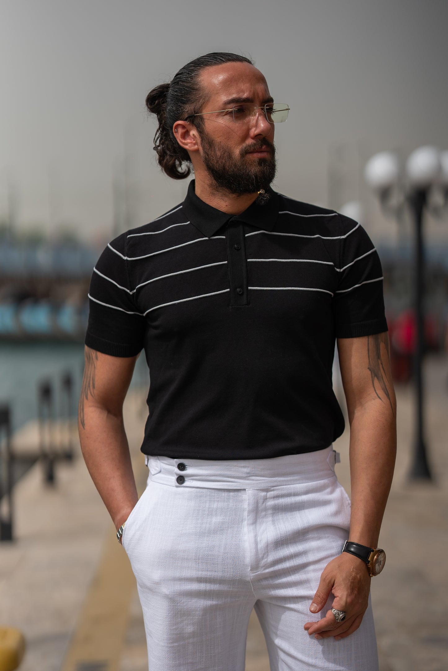 Brabion Maison Slim Fit Striped Black Polo Shirt