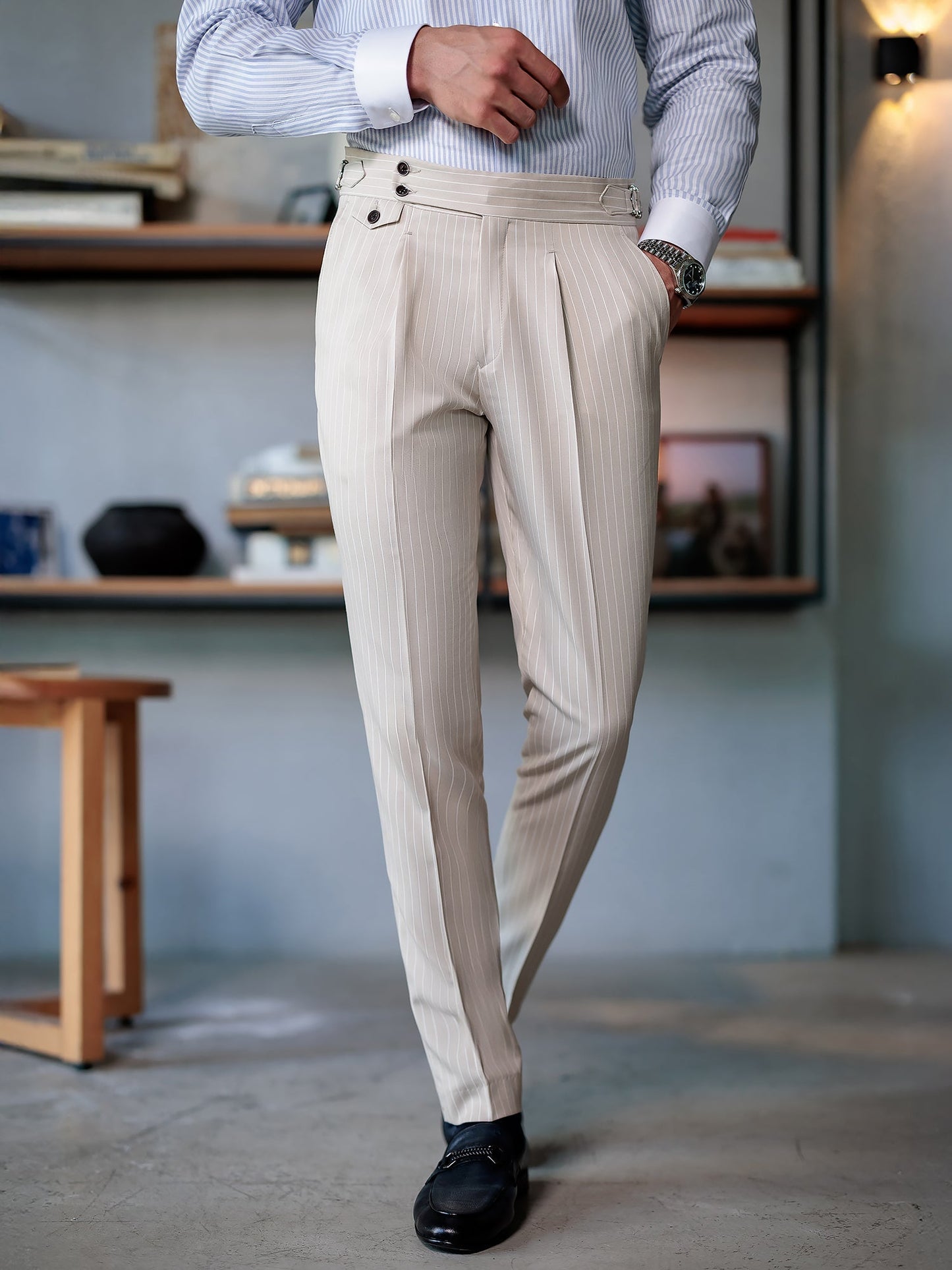 Beige Striped Double Breasted Suit 2-Piece VIOSSI
