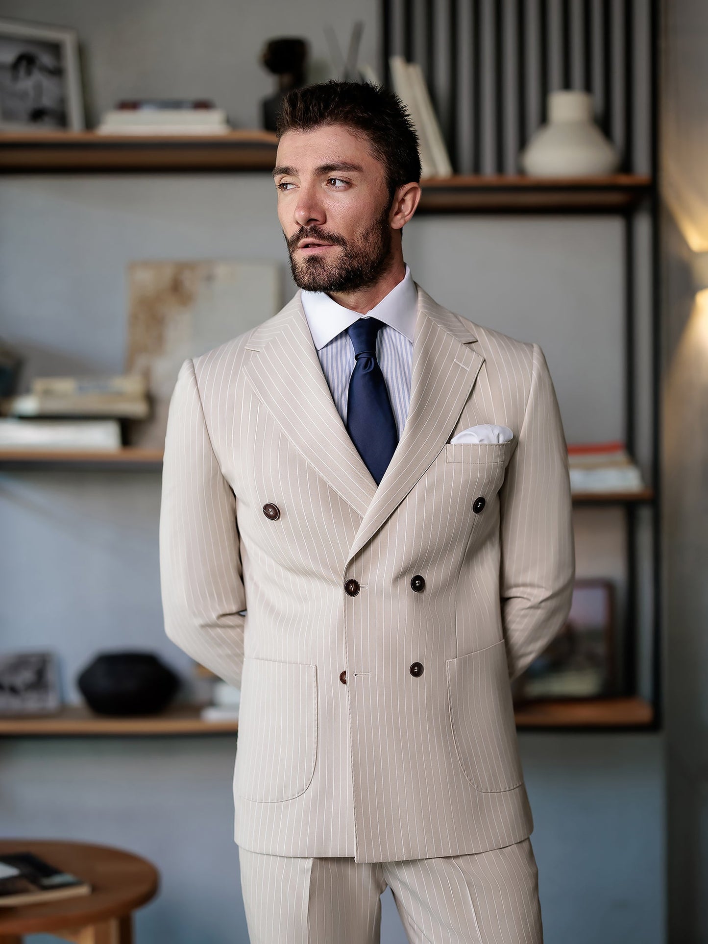 Beige Striped Double Breasted Suit 2-Piece VIOSSI