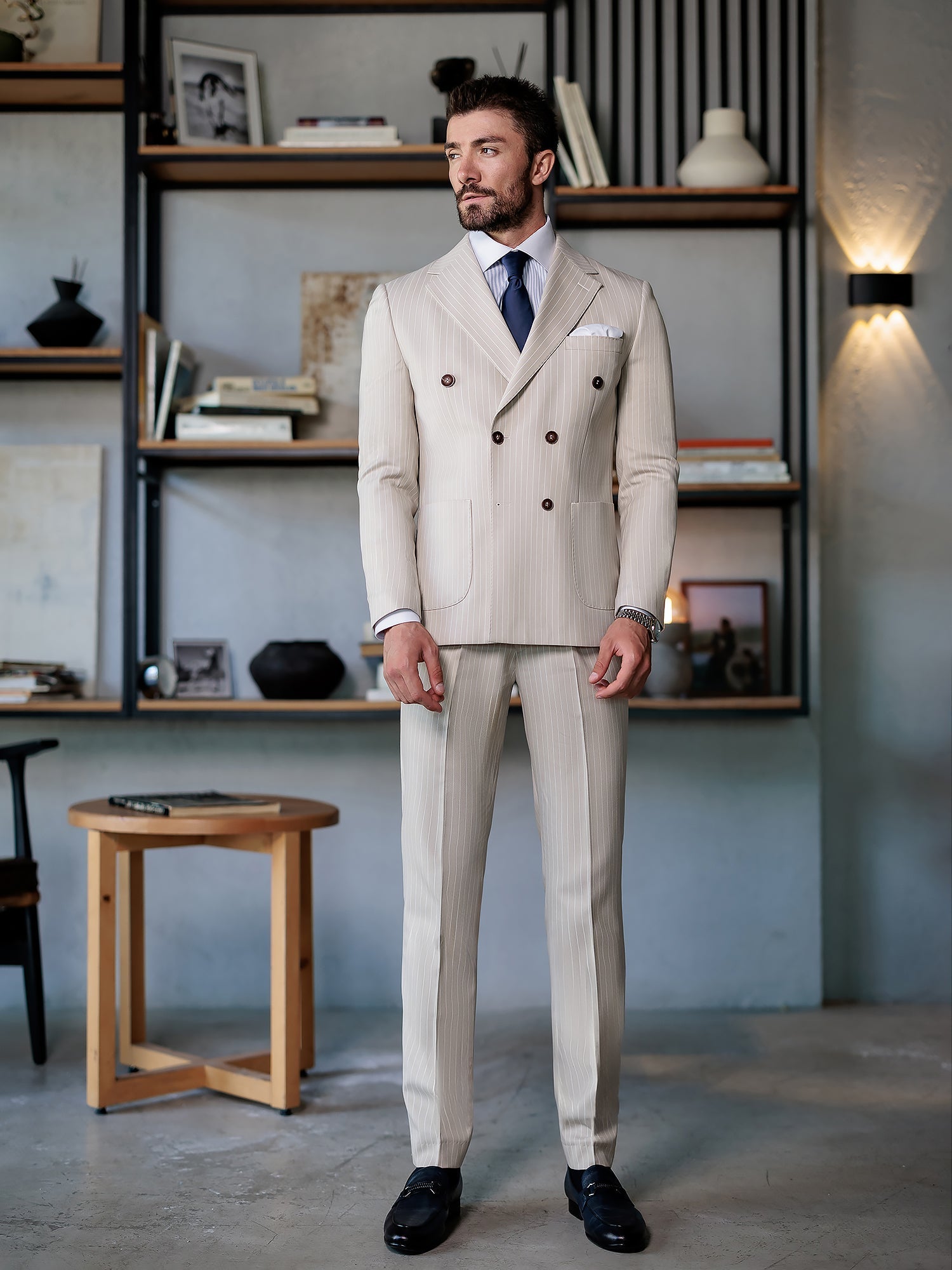 Beige Striped Double Breasted Suit 2-Piece VIOSSI