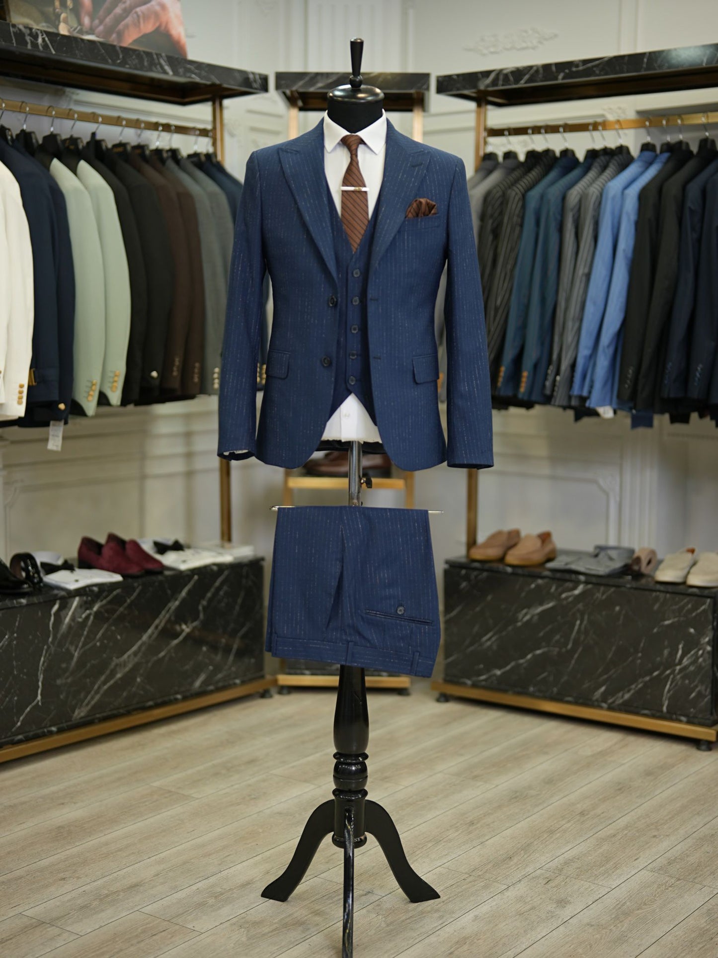 Brabion Maison Navy Blue Slim Fit Striped Suit