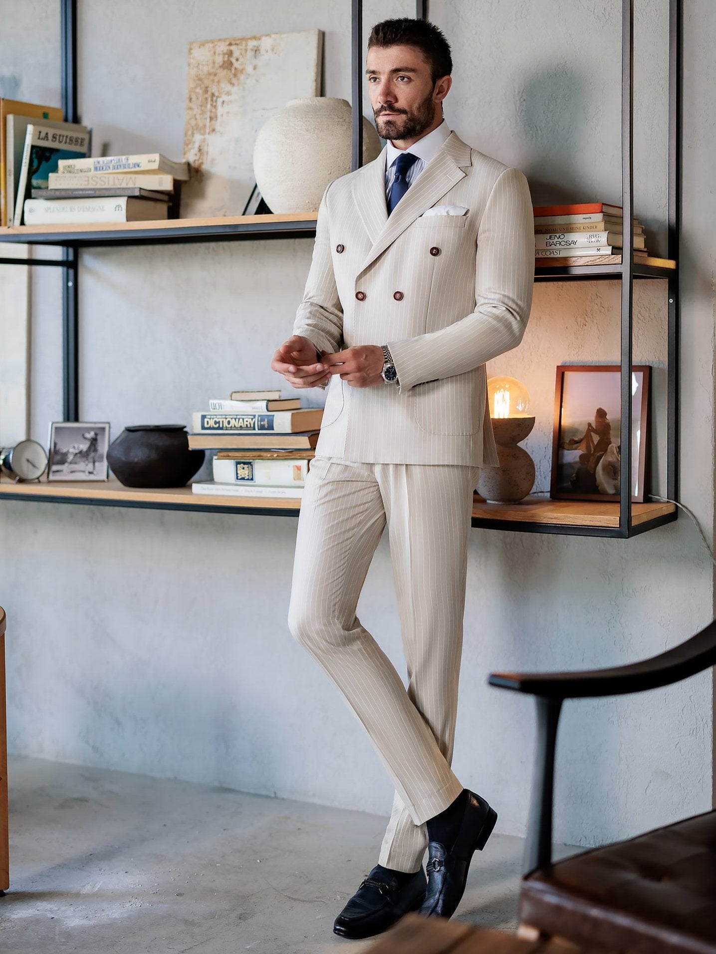 Beige Striped Double Breasted Suit 2-Piece VIOSSI