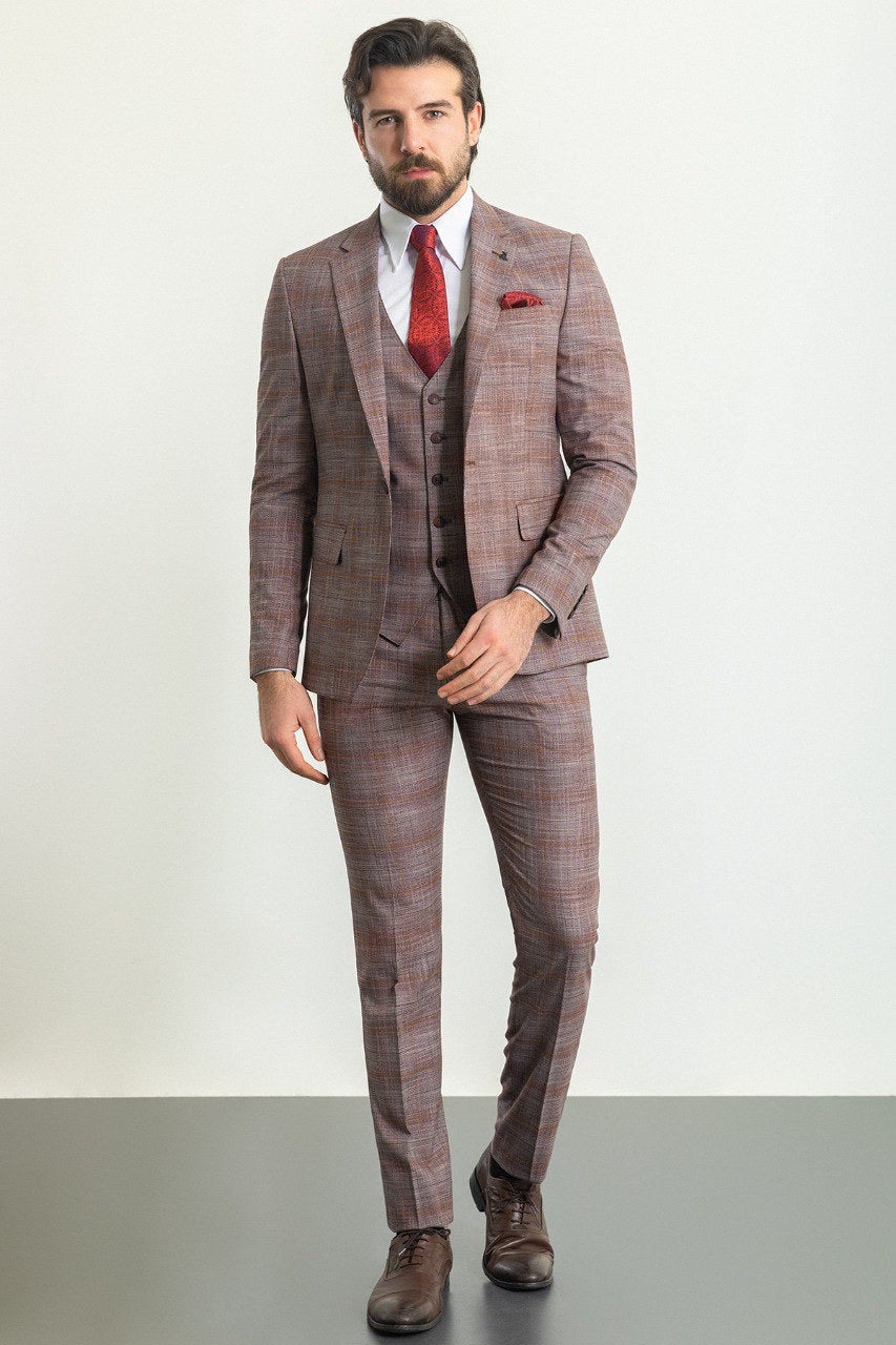 Brabion Rocco Burgundy Slim Fit Notch Lapel 3 Piece Crosshatch Plaid Suit