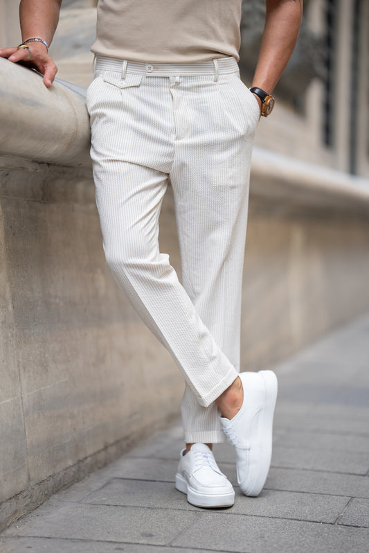 Brabion Tauris White Slim Fit Striped Chino Pants - Versatile Elegance for Any Occasion