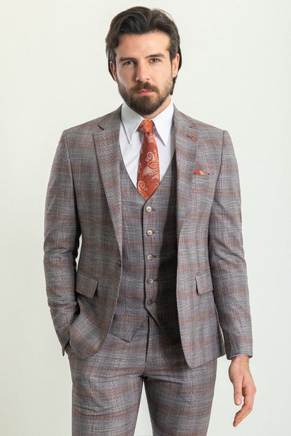 Brabion Rocco Orange Slim Fit Notch Lapel 3 Piece Crosshatch Plaid Suit