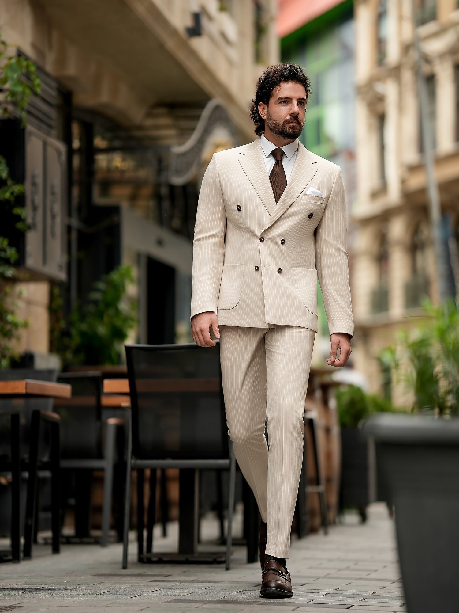 Beige Striped Double Breasted Suit 2-Piece VIOSSI