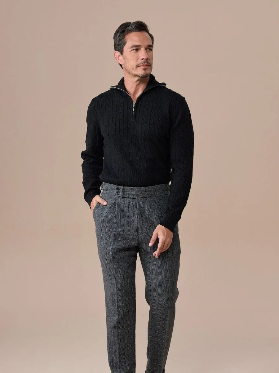 Men's Herringbone Wool Pleated Pants - BRABION