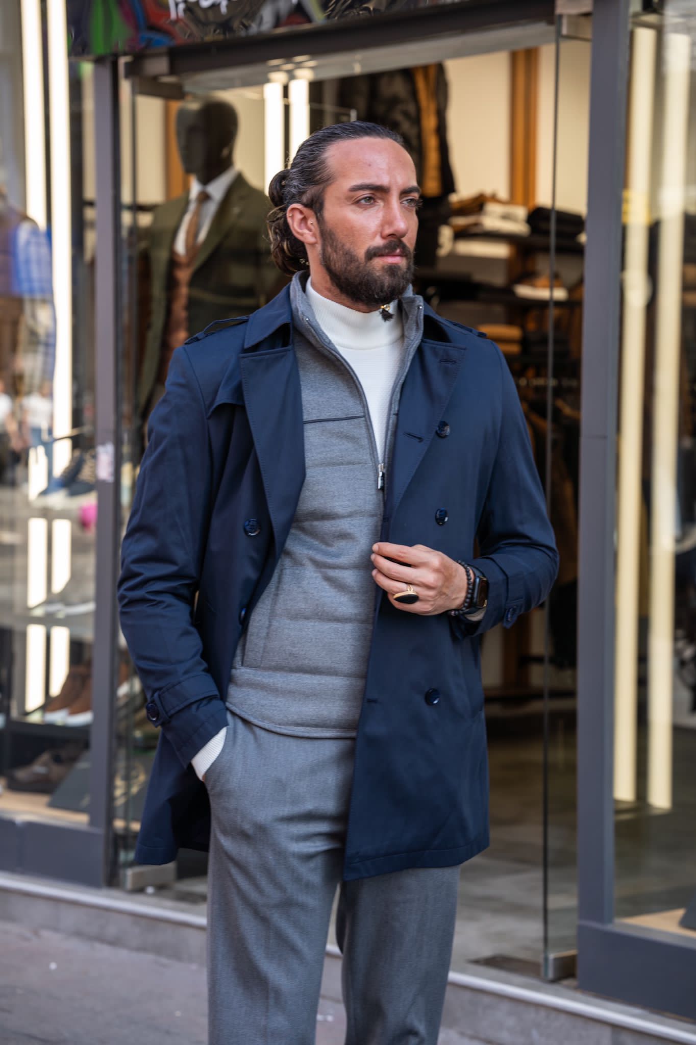 Brabion Navy Blue Slim Fit Double Breasted Long Coat