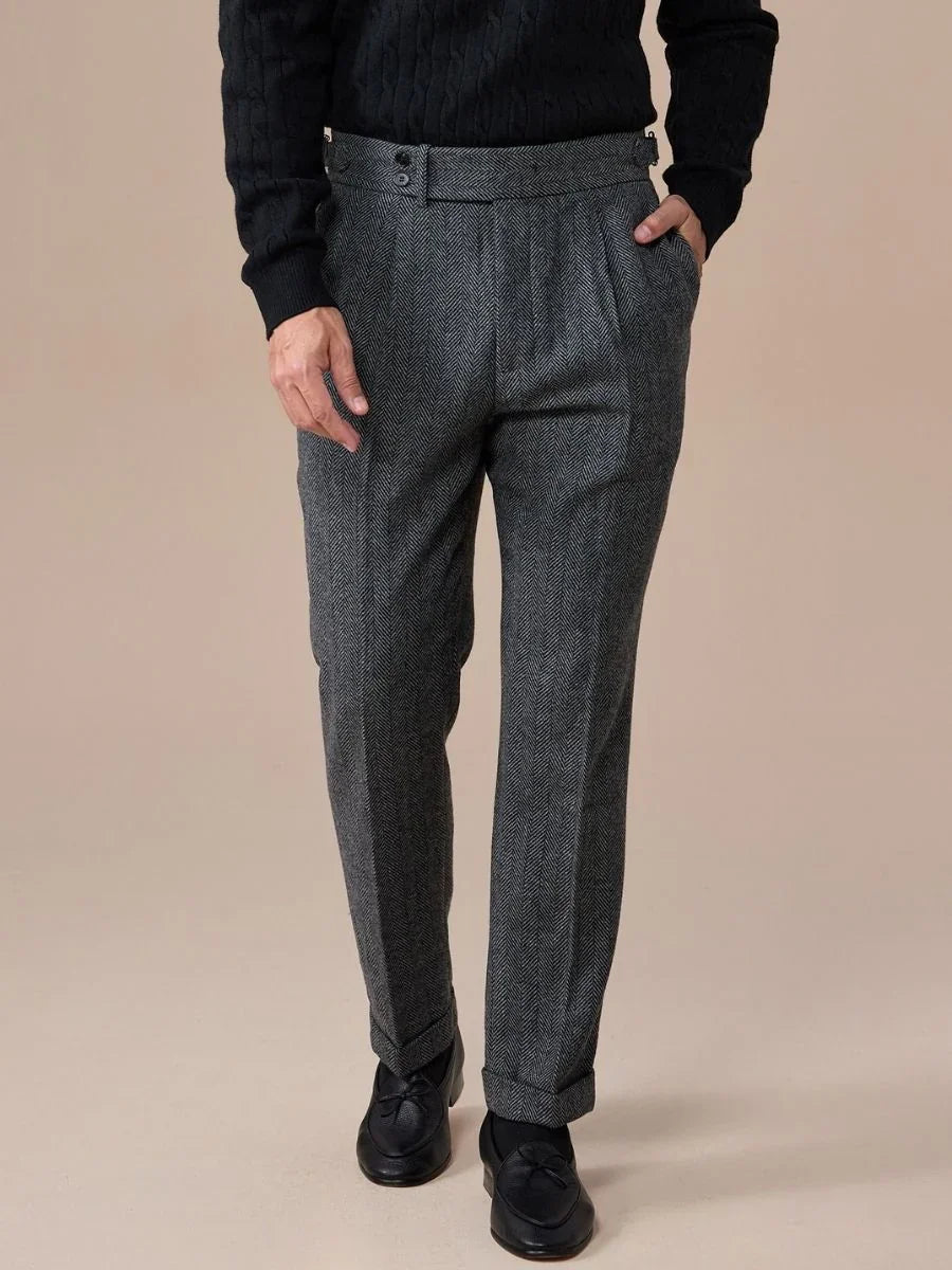 Men's Herringbone Wool Pleated Pants - BRABION