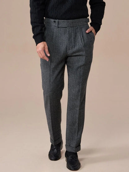 Men's Herringbone Wool Pleated Pants - BRABION
