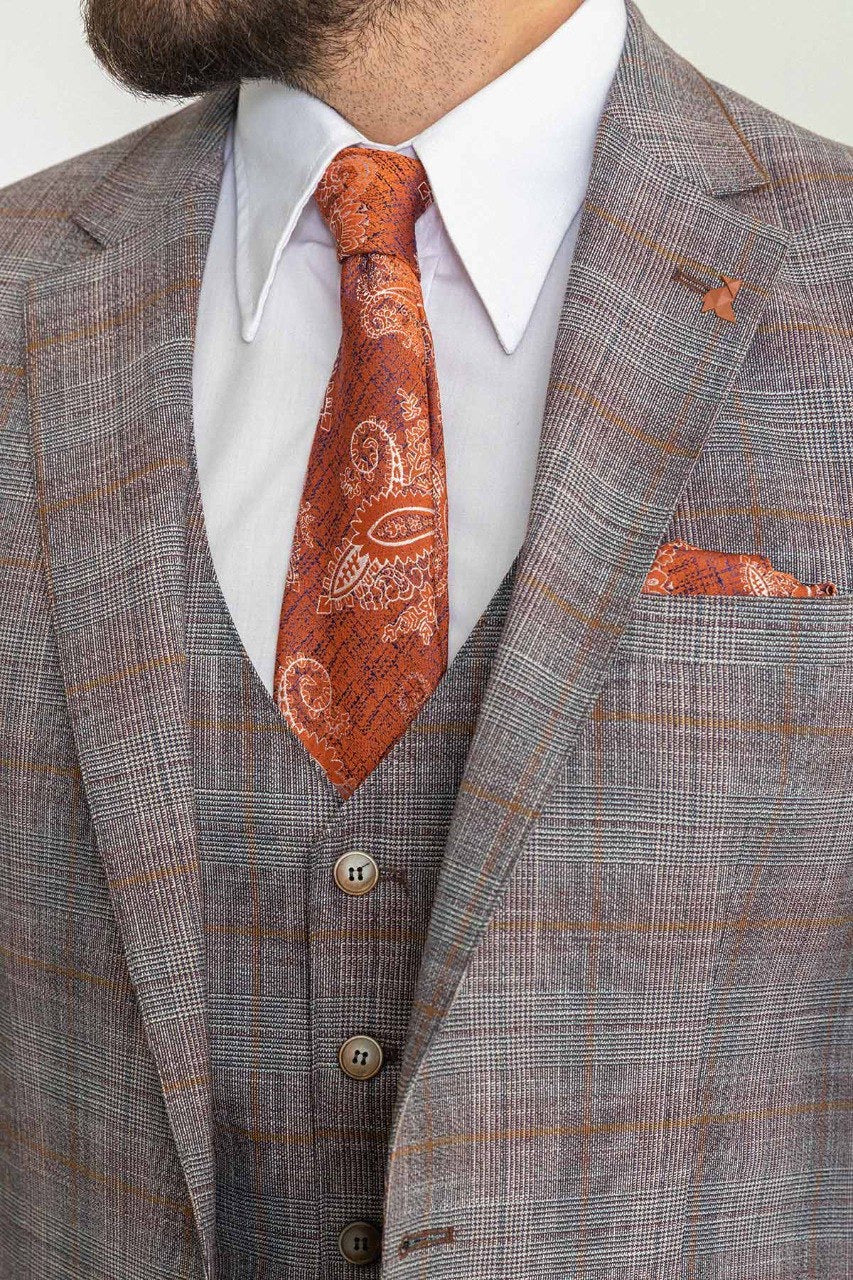 Brabion Rocco Orange Slim Fit Notch Lapel 3 Piece Crosshatch Plaid Suit