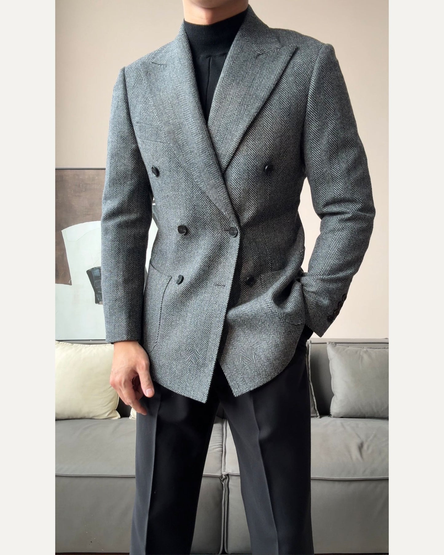 Men’s Retro Herringbone Double-Breasted Blazer