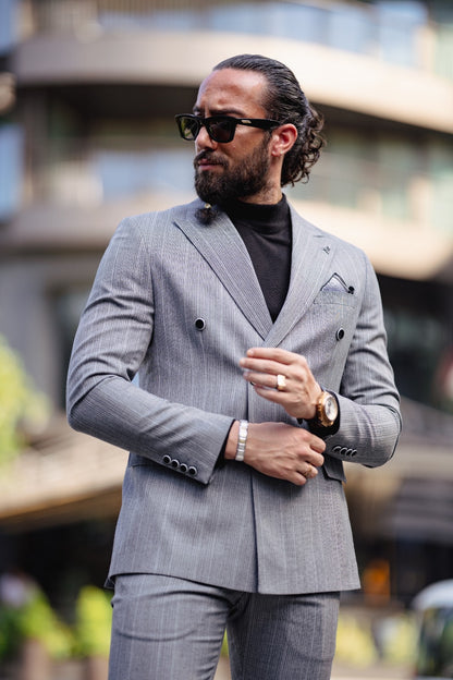 Paris Gray Slim Fit Peak Lapel Double Breasted Striped Suit