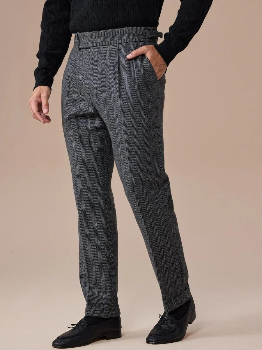 Men's Herringbone Wool Pleated Pants - BRABION