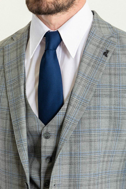 Brabion Elio Gray Blue Slim Fit Notch Lapel 3 Piece Plaid Suit