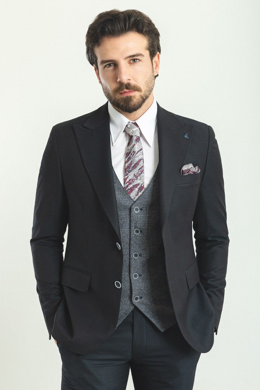 Brabion Marco Gray Black Slim Fit Peak Lapel Combination 3 Piece Suit