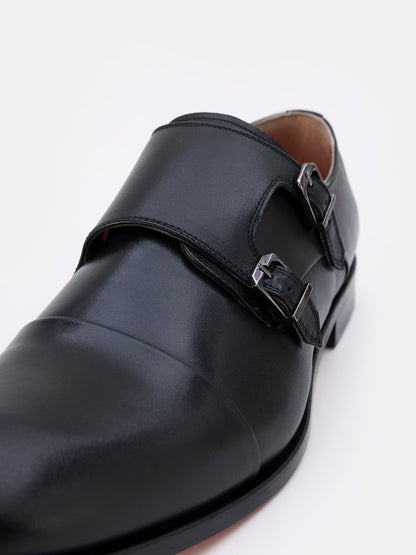 Black Leather Double Monk Strap Shoes VIOSSI