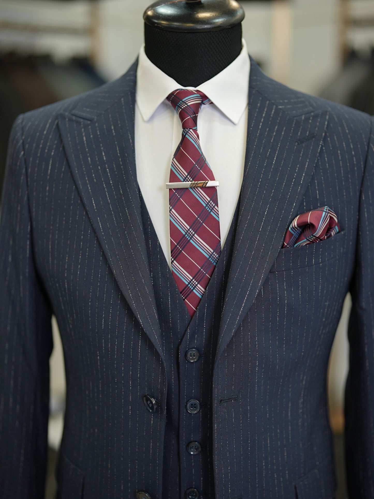 Brabion Maison Dark Blue Slim Fit Striped Suit: Elevate Your Wardrobe