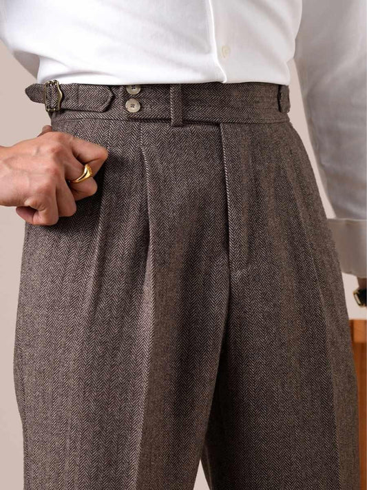 Men's Herringbone Wool Pleated Pants - BRABION
