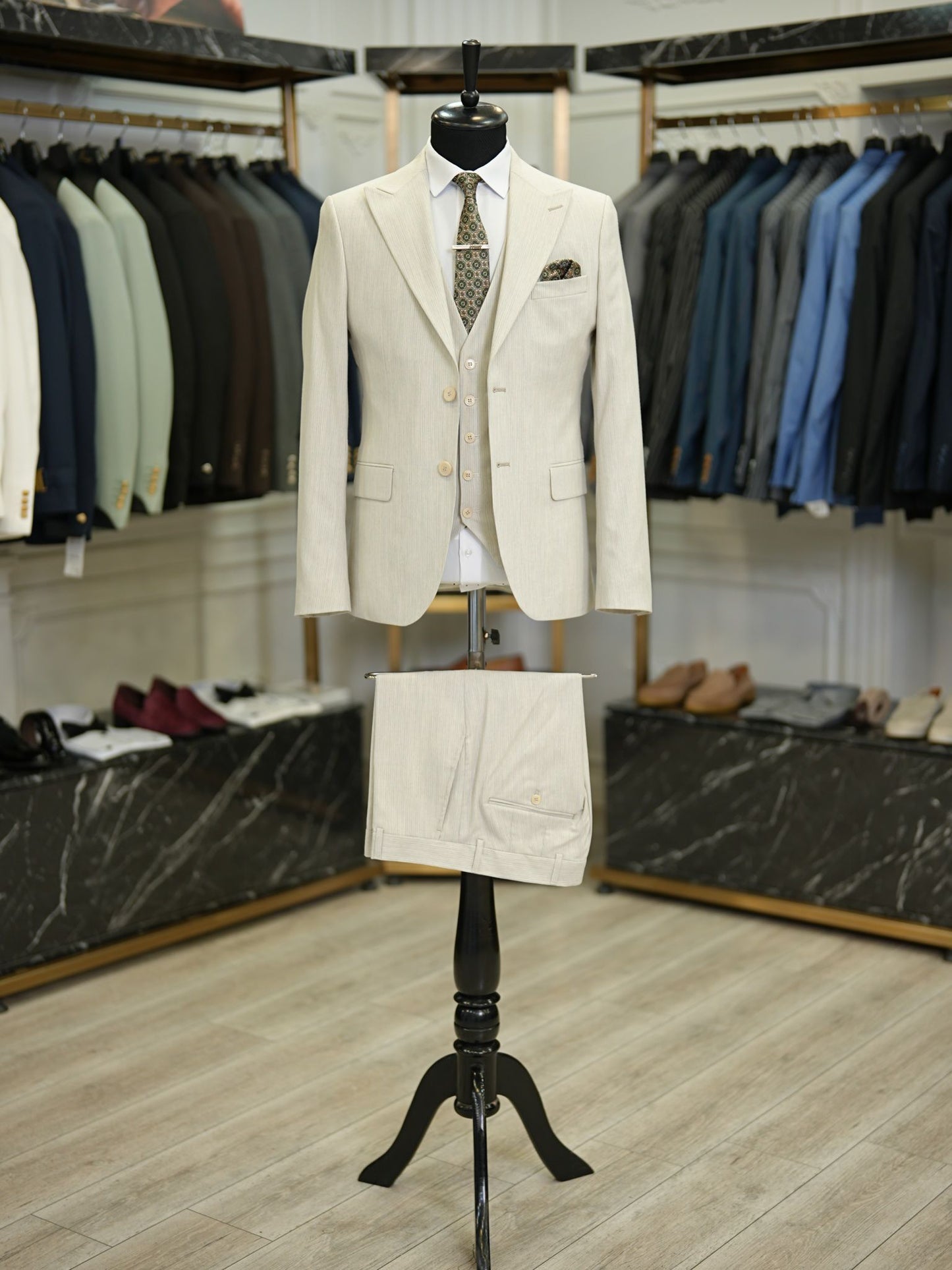 Brabion Maison Beige Slim Fit Pinstripe Suit - Versatile Elegance