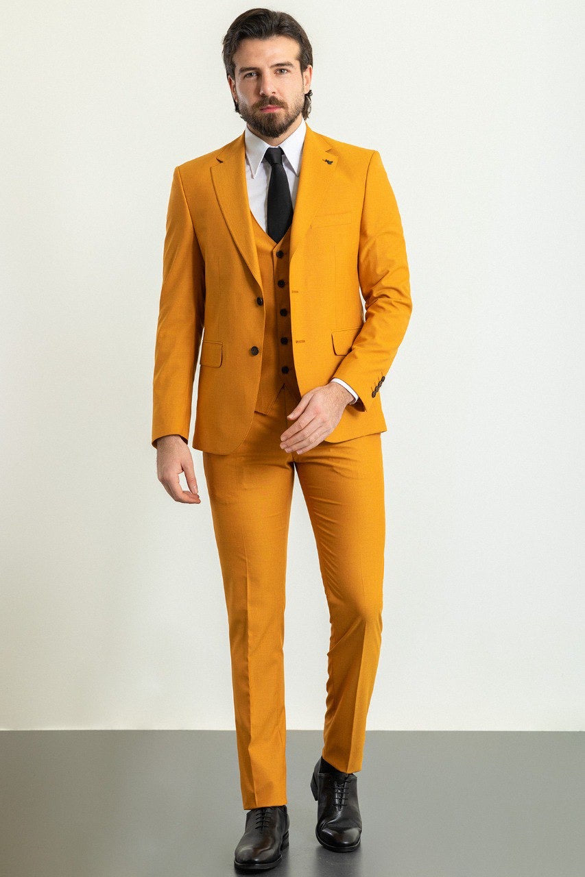 Brabion Elio Mustard Slim Fit Notch Lapel 3 Piece Suit